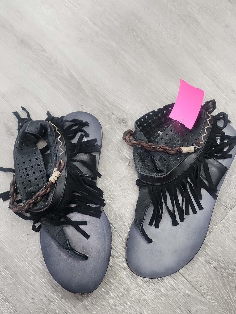 Free People Black Fringe Braided Toe-Post Sandals
